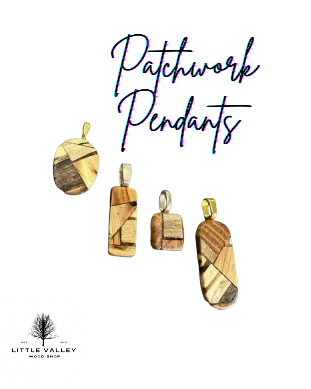Patchwork Wooden Pendants from Little Valley Wood Shop, Wooden necklaces, nature jewelry, sustainable jewelry, necklaces from reclaimed wood, recycled jewelry, patchwork wood design, small business, handmade jewelry, handmade necklace, wood working