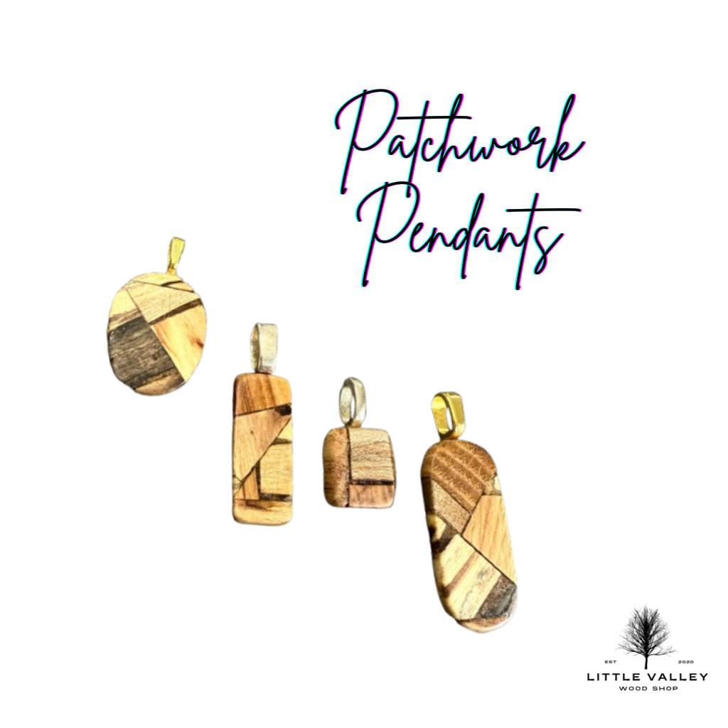 Patchwork Wooden Pendants from Little Valley Wood Shop, Wooden necklaces, nature jewelry, sustainable jewelry, necklaces from reclaimed wood, recycled jewelry, patchwork wood design, small business, handmade jewelry, handmade necklace, wood working