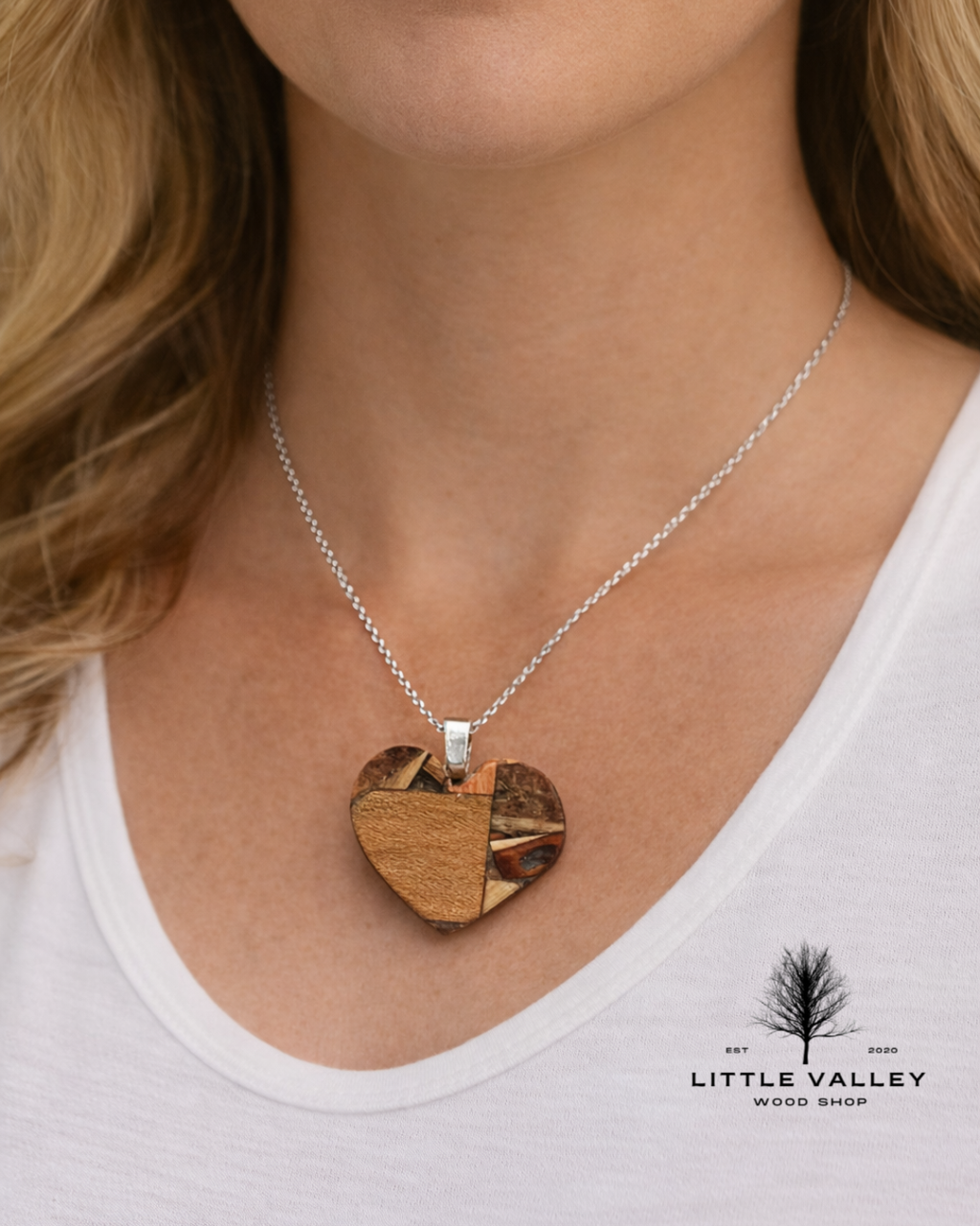 wood jewelry, Wooden Earrings Little Valley Wood Shop, Wooden heart jewelry on model, nature jewelry, sustainable jewelry, necklace from reclaimed wood, recycled jewelry, patchwork wood design, small business, handmade jewelry, handmade necklace, wood working, wooden patchwork heart pendants, unique gifts, ecofriendly gifts, sustainable gifts, gifts for her, gifts for mom, gifts for grandma