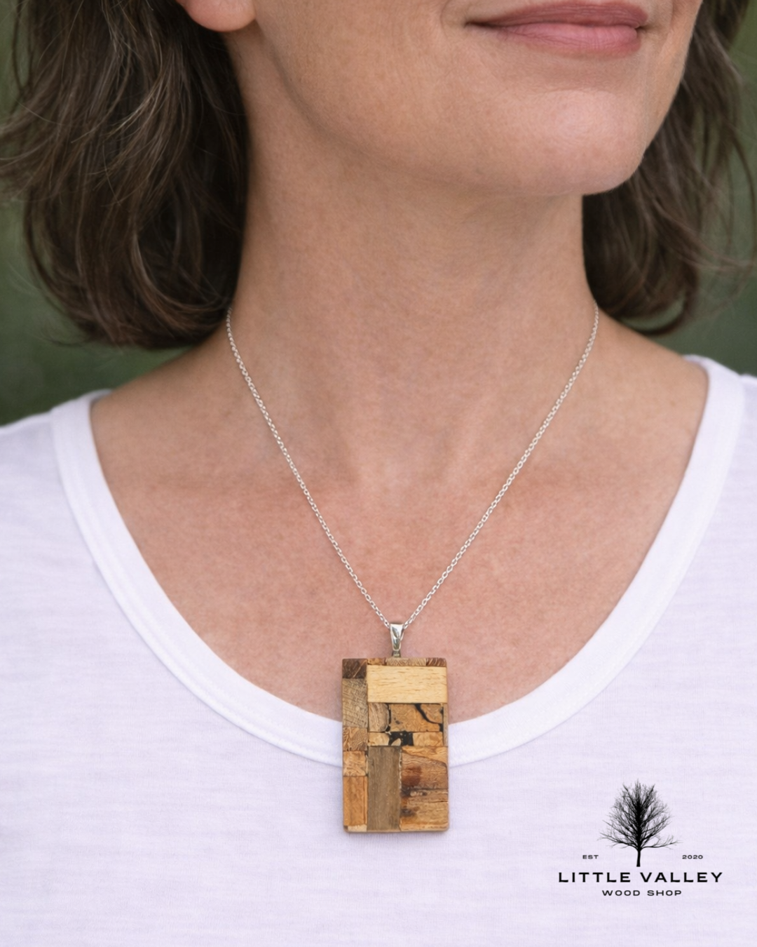 wood jewelry, Wooden Necklace Little Valley Wood Shop, Wooden earrings, nature jewelry, sustainable jewelry, necklace from reclaimed wood, recycled jewelry, wood design, small business, handmade jewelry, handmade necklace, wood working, wooden pendants, unique gifts, ecofriendly gifts, sustainable gifts, patchwork necklace, wood patchwork necklace pendant, wood patchwork design