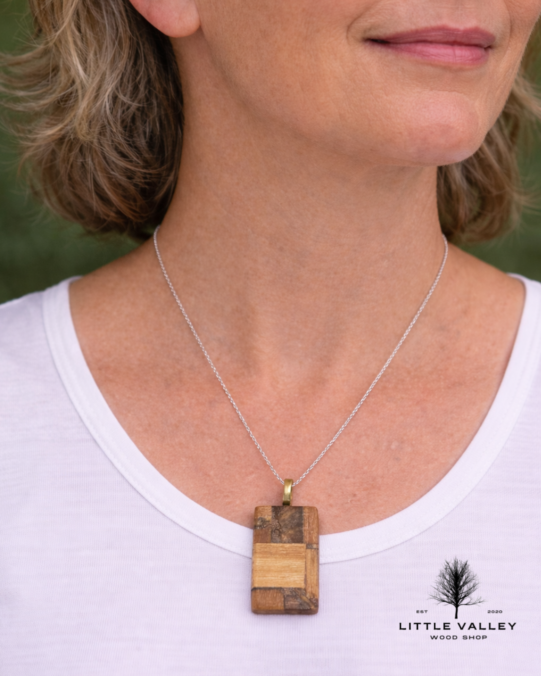 wood jewelry, Wooden Necklace Little Valley Wood Shop, Wooden earrings, nature jewelry, sustainable jewelry, necklace from reclaimed wood, recycled jewelry, wood design, small business, handmade jewelry, handmade necklace, wood working, wooden pendants, unique gifts, ecofriendly gifts, sustainable gifts, patchwork necklace, wood patchwork necklace pendant, wood patchwork design